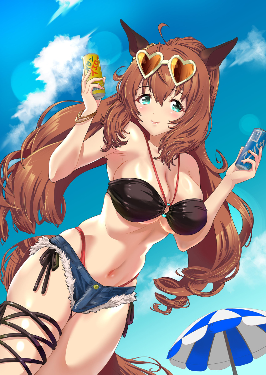 absurdres animal_ears beach_umbrella bikini black_bikini blue_sky breasts brown_hair can cloud commission female highres holding holding_can horse_ears horse_girl horse_tail kazakoshi_nonta large_breasts long_hair looking_at_viewer maruzensky_(umamusume) navel outdoors shorts side-tie_bikini_bottom skeb_commission sky smile solo stomach swimsuit tail umamusume umbrella