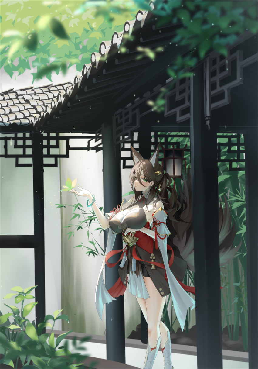 absurdres animal_ears architecture bare_legs black_dress bracelet breasts brown_hair bug butterfly chinese_clothes cleavage dress east_asian_architecture female fox_ears fox_girl fox_tail green_eyes hair_between_eyes highres honkai:_star_rail honkai_(series) jewelry jiu_dao_fan_yin large_breasts long_hair looking_at_viewer multiple_tails parted_lips solo tail tingyun_(honkai:_star_rail) white_footwear