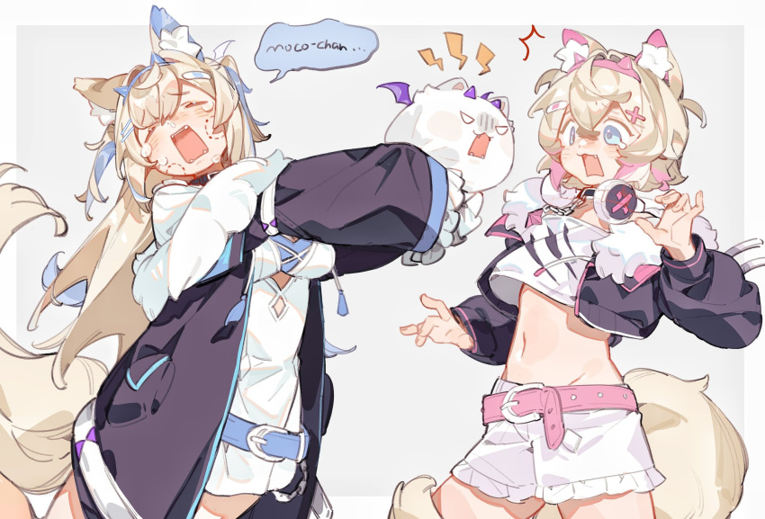 2girls ^^^ animal_ear_fluff animal_ears bandaid bandaid_hair_ornament belt bite_mark bite_mark_on_face black_collar black_jacket blonde_hair blue_belt blue_eyes blue_hair blue_hairband blush border breasts closed_eyes collar colored_inner_animal_ears cowboy_shot cropped_jacket cropped_shirt crossed_bangs crying dog_ears dog_girl dog_tail dress fake_horns fangs frilled_shorts frilled_sleeves frills fur-trimmed_jacket fur_trim furrowed_brow fuwawa_abyssgard fuwawa_abyssgard_(1st_costume) grey_background hair_between_eyes hair_ornament hairband hashtag-only_commentary headphones headphones_around_neck highres hololive hololive_english horns jacket large_breasts lightning_bolt_symbol long_hair long_sleeves mafuin_da mococo_abyssgard mococo_abyssgard_(1st_costume) multicolored_hair multiple_girls navel off_shoulder open_clothes open_jacket open_mouth outside_border perroccino_(fuwamoco) pink_belt pink_hair pink_hairband runny_nose shirt short_hair shorts siblings sisters sleeves_past_fingers sleeves_past_wrists snot speech_bubble standing streaked_hair tail tears twins two_side_up very_long_hair virtual_youtuber white_border white_dress white_shirt white_shorts x_hair_ornament