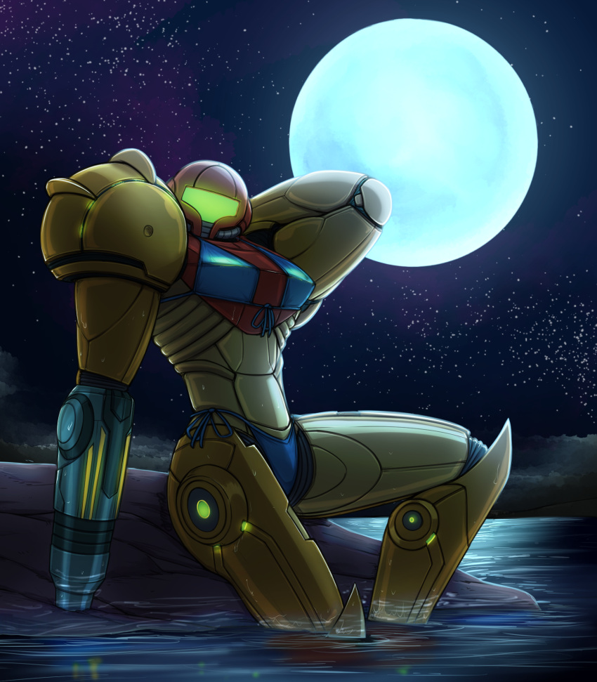 arm_cannon arm_up bikini bikini_over_clothes blue_bikini female full_moon highres looking_at_viewer metroid moon night night_sky otakuap power_suit_(metroid) samus_aran sitting sky soaking_feet solo swimsuit weapon