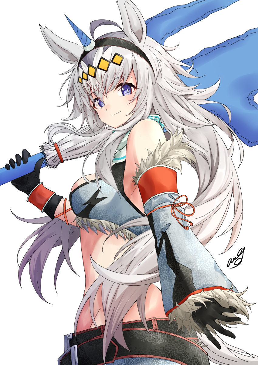 absurdres amaxa animal_ears black_gloves blue_eyes breasts closed_mouth detached_sleeves female gloves highres horns horse_ears horse_girl horse_tail kirin_(armor) long_hair looking_at_viewer medium_breasts midriff monster_hunter_(series) navel oguri_cap_(umamusume) simple_background single_horn smile solo tail umamusume white_background