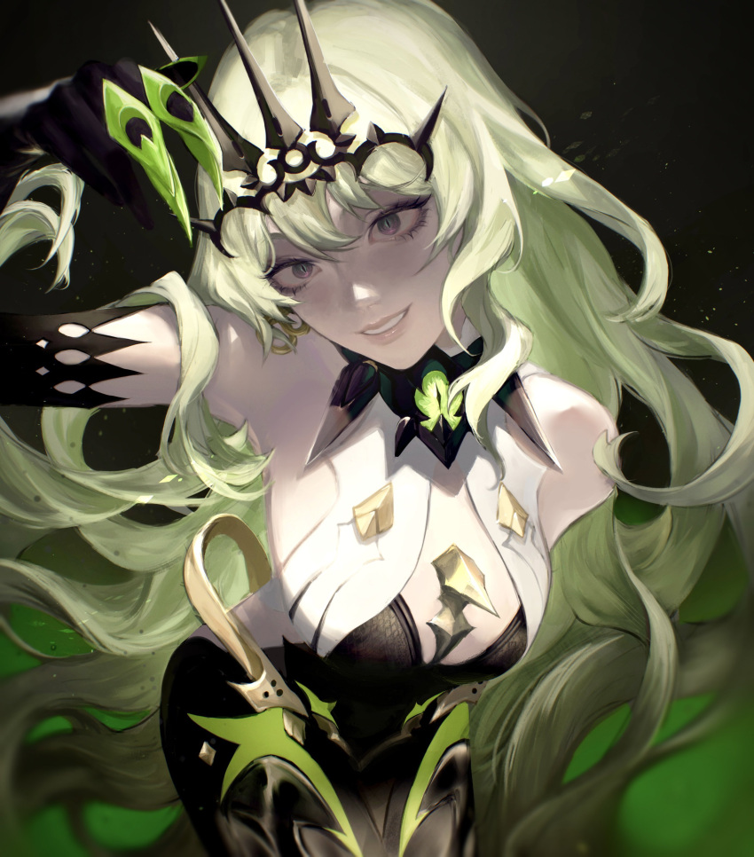 absurdres bare_shoulders black_dress black_gloves breasts claw_ring cowboy_shot crown crysangria dress female gloves green_eyes green_hair hand_up highres honkai_(series) honkai_impact_3rd leaning_forward long_hair mobius_(honkai_impact) slit_pupils smile solo teeth very_long_hair wavy_hair