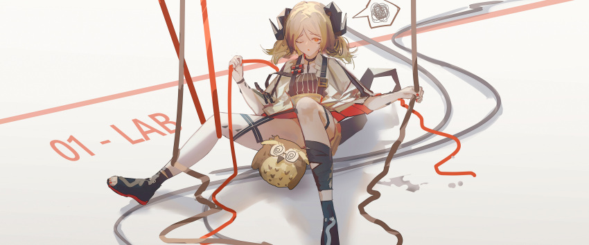 ;o alcxome arknights belt_buckle black_footwear black_horns black_ribbon blonde_hair boots brown_vest buckle cable character_request choker collared_shirt commentary english_commentary female full_body hair_between_eyes high-waist_skirt highres holding holding_cable horns knees_up leg_ribbon long_hair looking_at_viewer low_twintails nail_polish one_eye_closed orange_eyes parted_lips pinstripe_pattern pinstripe_vest pleated_skirt red_choker red_nails red_skirt ribbon shadow sheep_horns shirt short_shorts short_twintails shorts shorts_under_skirt sitting skirt solo spoken_squiggle squiggle stirrup_footwear stuffed_owl suspenders thigh_strap toenail_polish toenails twintails two-sided_fabric two-sided_skirt vest white_background white_shirt yellow_shorts yellow_skirt