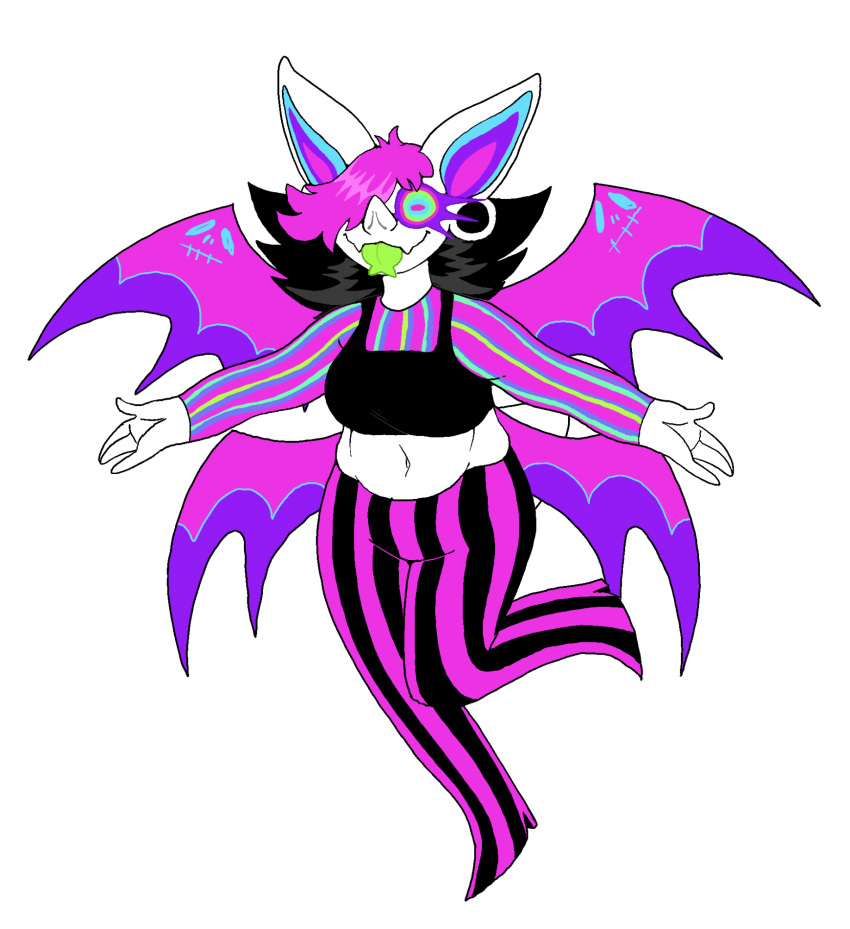 2024 4_wings anthro bat bat_wings belly belly_shirt black_hair bottomwear clothing ear_piercing eyelashes female forked_tongue fur gauged_ear green_tongue hair hair_over_eye half_top hi_res leaf-nosed_bat mammal membrane_(anatomy) membranous_wings microbat multi_wing multicolored_eyes neon_colors neon_pink pants pattern_bottomwear pattern_clothing pattern_pants pattern_shirt pattern_topwear piercing pink_hair plentyofsoup pointed_nose purple_eyelashes rainbow_eyes sadie_(plentyofsoup) shirt short_tail solo striped_bottomwear striped_clothing striped_pants striped_shirt striped_topwear stripes sweater tail tank_top tongue topwear vampire vampire_bat white_body white_fur white_skin white_tail wings yangochiropteran