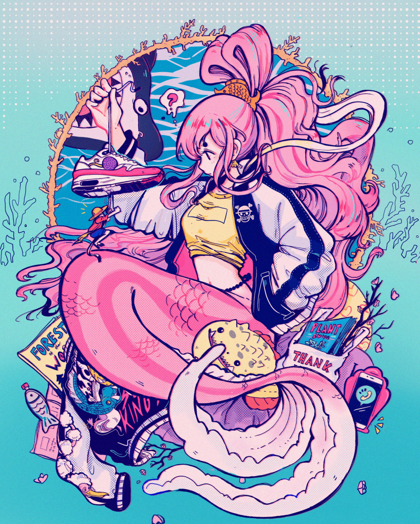 1boy ? absurdres bag blue_shorts cellphone commentary coral crisalys crop_top devil_fruit english_commentary female fish giant giantess hagoromo hat heart highres holding holding_shoes jacket jolly_roger long_hair long_sleeves megalo mermaid midriff monkey_d._luffy monster_girl navel one_piece petals phone pink_hair print_jacket profile puffy_long_sleeves puffy_sleeves red_shirt scales shark shawl shirahoshi shirt shoes shorts single_shoe size_difference smartphone straw_hat straw_hats_jolly_roger thought_bubble yellow_shirt