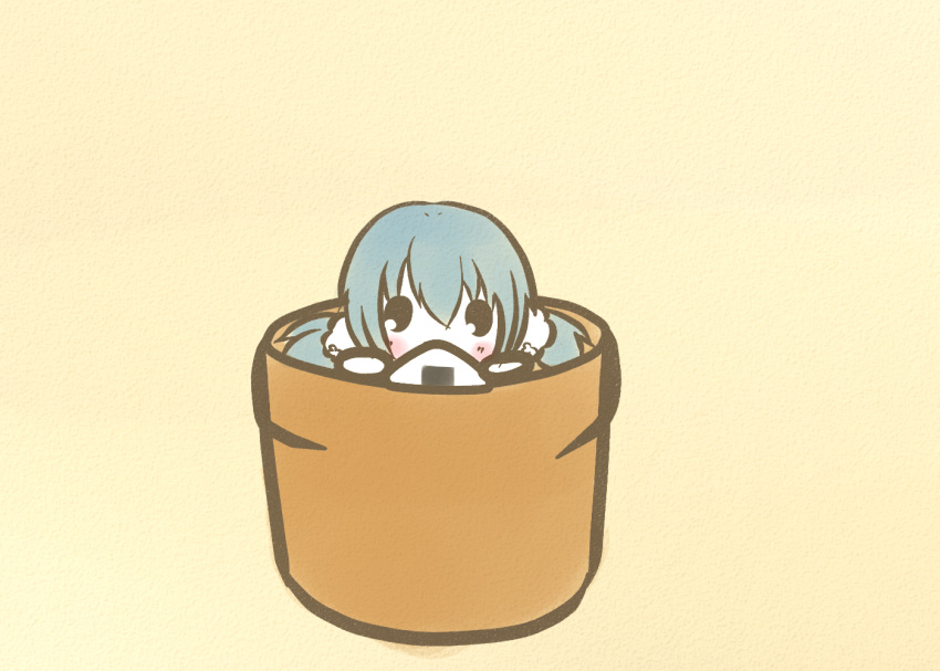 beige_background blue_hair blush chibi commentary female flower_knight_girl flower_pot food in_container kodemari_(flower_knight_girl) koti light_blue_hair onigiri solid_oval_eyes solo twintails