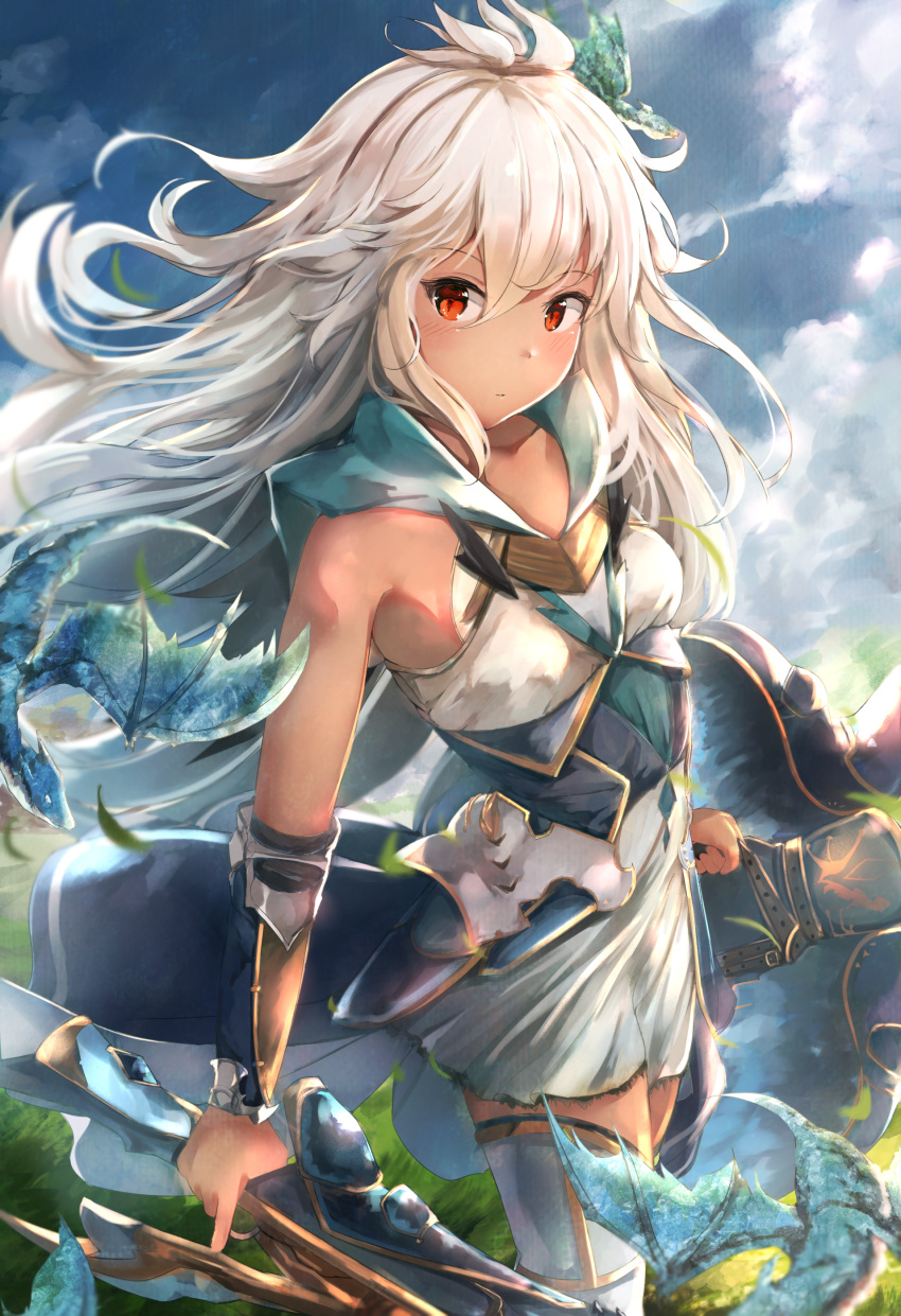 absurdres ahoge animal armor armored_boots armored_dress armpit_crease bad_id bad_pixiv_id bare_arms bare_shoulders blue_dress blue_sky boots breasts capelet closed_mouth cloud cloudy_sky collarbone dark-skinned_female dark_skin day dragon dress female granblue_fantasy gun hair_between_eyes hair_over_shoulder head_tilt highres holding holding_gun holding_shield holding_weapon long_hair looking_at_viewer outdoors ponyaru red_eyes rifle shield short_dress sidelocks sky sleeveless sleeveless_dress small_breasts small_dragon solo thigh_boots two-tone_dress vambraces very_long_hair wavy_hair weapon white_dress white_hair zettai_ryouiki zooey_(granblue_fantasy)