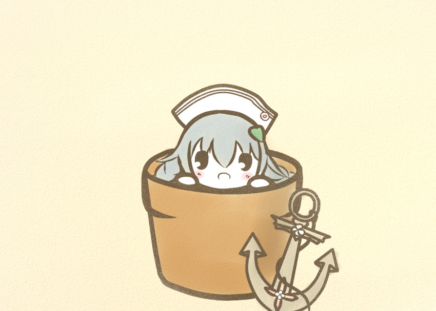 anchor beige_background blush chibi commentary_request female flower_knight_girl flower_pot grey_hair hair_ornament hat heart heart_hair_ornament ikarisou_(flower_knight_girl) in_container koti looking_at_viewer open_mouth sailor_hat solid_oval_eyes solo