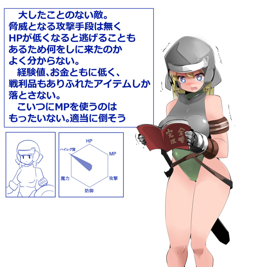 alexandrian_soldier armor blonde_hair blue_eyes blush book breasts character_profile female final_fantasy final_fantasy_ix frown gauntlets gloves green_leotard hands_up helmet highleg highleg_leotard highres holding holding_book knees_together_feet_apart leotard long_hair name_john open_mouth reading sheath sheathed simple_background solo standing sword tearing_up tears translation_request trembling wavy_mouth weapon