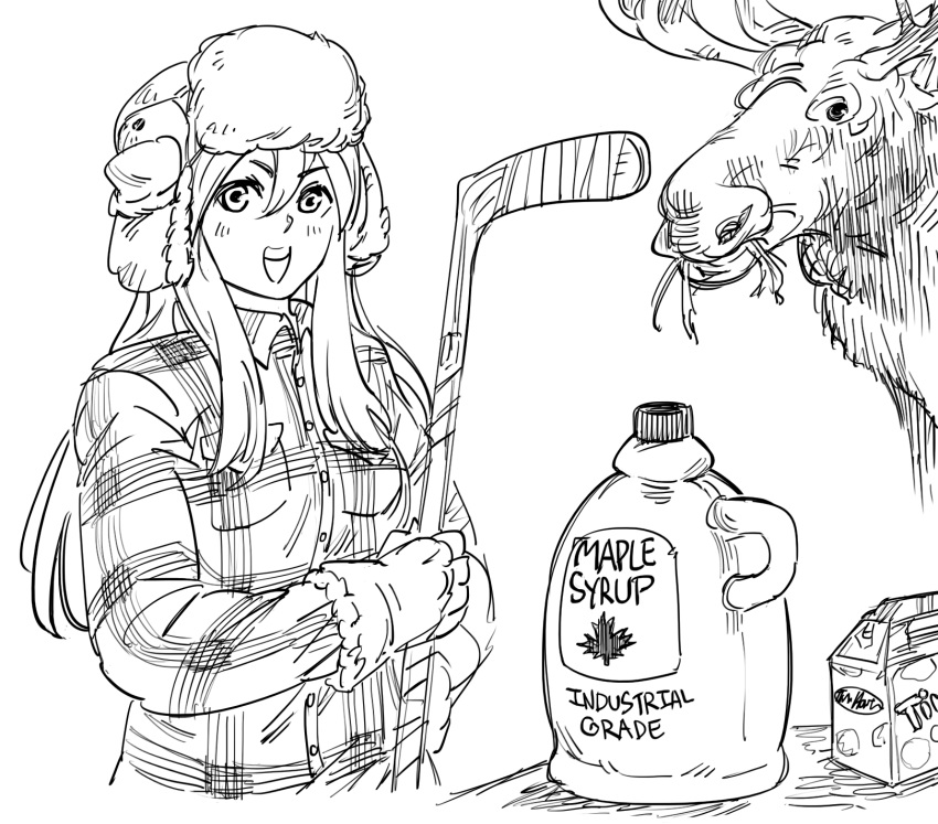 :d bad_id bb_(baalbuddy) canada english_text female flannel fur_hat gloves greyscale hat highres hockey_stick holding inactive_account jacket leaf long_hair looking_at_viewer maple_leaf maple_syrup monochrome moose open_mouth plaid plaid_jacket raquna_sheldon sekaiju_no_meikyuu shin_sekaiju_no_meikyuu simple_background smile solo tim_hortons ushanka white_background