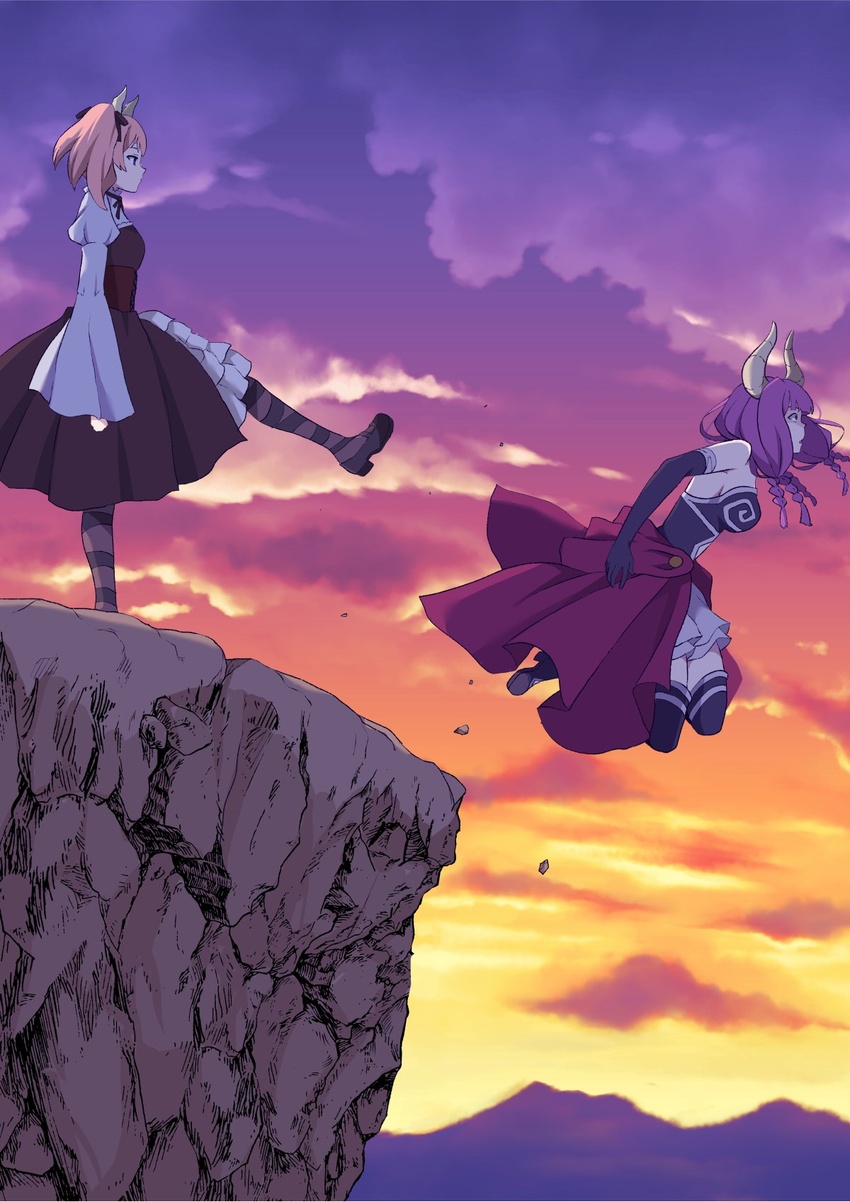 2girls aura_(sousou_no_frieren) aura_bullying_(meme) black_footwear braid brown_dress cliff clothing_cutout cloud cloudy_sky commentary demon_girl demon_horns dress dusk elbow_gloves falling from_side full_body gloves gradient_sky hair_ribbon hashtag-only_commentary highres horns kicking linie_(sousou_no_frieren) long_hair long_sleeves low-braided_long_hair low-tied_long_hair mary_janes meme mountainous_horizon multiple_braids multiple_girls navel_cutout pink_hair profile purple_hair purple_sky quad_braids ribbon shirt shoes sky sousou_no_frieren standing standing_on_one_leg thigh_strap this_is_sparta twintails white_shirt yasehattagi yellow_sky