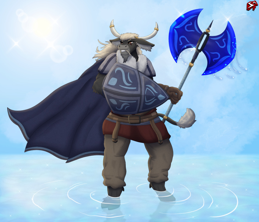 anthro armor axe barefoot beard belt belt_buckle blonde_hair blue_sky bottomwear bovid bovine brown_bottomwear brown_clothing brown_pants buckle cape clothing cloud countershade_face countershading double_bitted_axe enchanted_weapon eye_scar facial_hair facial_scar feet fur gauntlets gloves greataxe grey_body grey_fur hair handwear hi_res holding_axe holding_object holding_shield holding_weapon hooves horn horn_jewelry horn_ring inner_ear_fluff jewelry kite_shield light long_hair loredump_in_description male mammal mature_male metal_shield orange_eyes pants partially_submerged red_clothing ring_(jewelry) scar shield shoulder_pads sky skyscape smile solo story story_in_description stylish_apollo submerged_feet sun sunlight tail true_buffalo tuft water water_buffalo weapon wheat wheat_in_mouth xander_dorwin