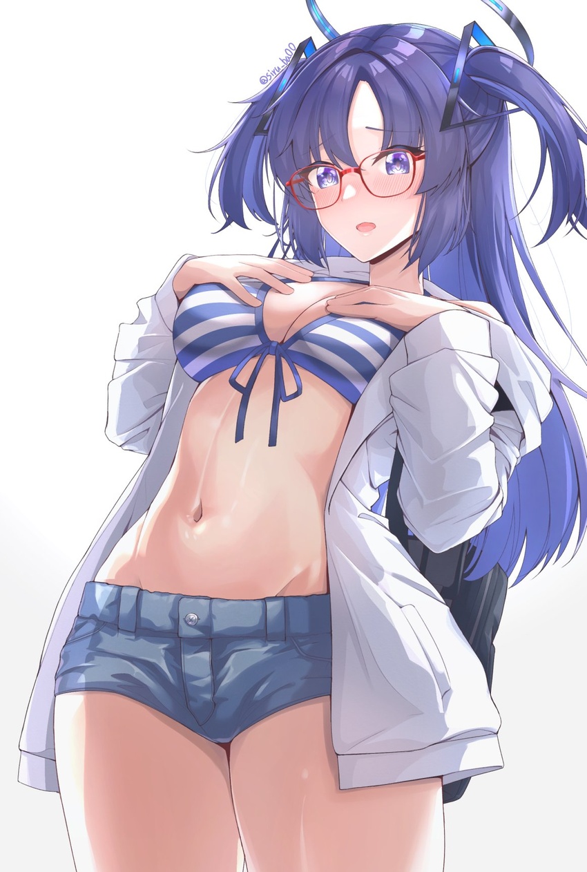 ayane_(blue_archive) ayane_(blue_archive)_(cosplay) ayane_(swimsuit)_(blue_archive) bikini blue_archive breasts cosplay female glasses halo hands_on_own_chest highres kagin_(kagou_shita_nanika) long_hair looking_at_viewer mechanical_halo medium_breasts multicolored_bikini multicolored_clothes navel official_alternate_costume open_clothes open_mouth purple_eyes purple_hair red-framed_eyewear shirt short_shorts shorts simple_background solo stomach striped_bikini striped_clothes swimsuit triangular_headpiece twintails white_background white_shirt yuuka_(blue_archive)