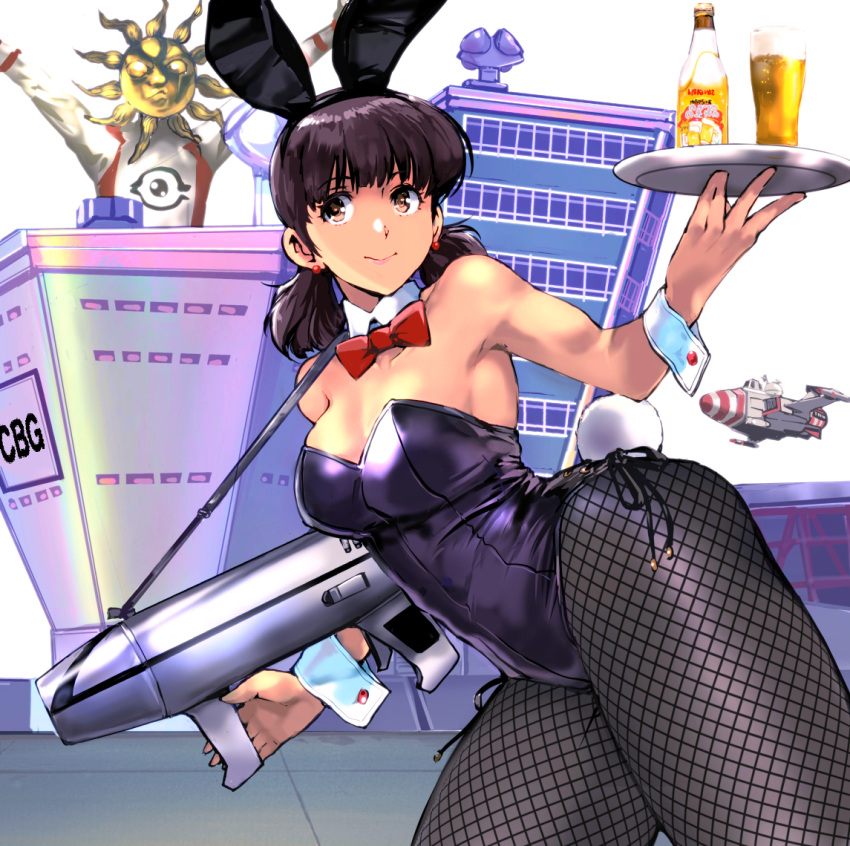 alcohol animal_ears armpits beer bow bowtie breasts brown_eyes brown_hair building cleavage closed_mouth collarbone commentary_request detached_collar fake_animal_ears female fishnet_pantyhose fishnet_thighhighs fishnets gloves gun hair_ornament holding holding_weapon kamisimo_90 latex latex_leotard leotard mecha medium_breasts medium_hair original outdoors pantyhose playboy_bunny purple_leotard rabbit_ears red_bow red_bowtie robot smile standing strapless strapless_leotard thighhighs tokusatsu twintails_nurse_(kamisimo_90) waitress weapon wrist_cuffs