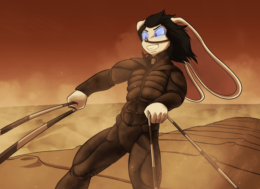 abs alien anthro back_riding black_clothing black_hair black_suit blue_eyes blue_sclera clothing desert dune_(series) dunes fremen fur gabriel_celosar glowing glowing_eyes glowing_sclera hair horseback_riding lagomorph leporid male mammal nose_tube on_drugs rabbit riding sand shai-hulud solo stillsuit stirrups suit tan_body tan_fur toughset tube tube_in_nose worm