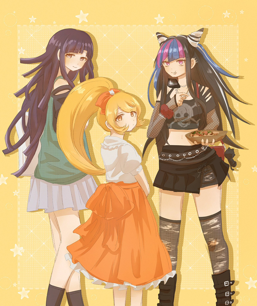 3girls alternate_costume black_hair black_skirt blue_hair blush bow brown_thighhighs closed_mouth crop_top danganronpa_(series) danganronpa_2:_goodbye_despair feet_out_of_frame hair_horns hairbow highres large_bow long_hair miniskirt mioda_ibuki multiple_girls navel orange_background orange_bow orange_skirt pink_hair ponytail ratto_(nutawo_ixi) saionji_hiyoko shirt skirt smile star_(symbol) stomach thighhighs torn_clothes torn_thighhighs tsumiki_mikan white_hair white_shirt