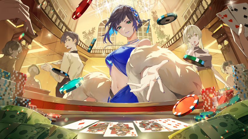 0jae 3boys 3girls absurdres bare_shoulders bead_necklace beads black_hair blue_dress blue_hair breasts casino crop_top dress earrings genshin_impact green_eyes highres jewelry looking_at_viewer medium_breasts medium_hair midriff multiple_boys multiple_girls navel necklace smile stomach yelan_(genshin_impact)