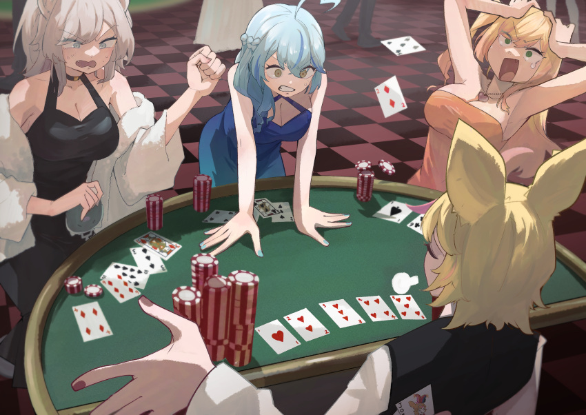 4girls ace_(playing_card) ace_of_hearts ace_of_spades ahoge alternate_costume animal_ears bare_shoulders black_dress black_vest blonde_hair blue_dress blue_eyes blue_nails braid breasts card checkered_floor cleavage clenched_teeth cocktail_dress commentary_request criss-cross_halter dress elf five_of_clubs five_of_hearts four_of_clubs four_of_diamonds four_of_hearts fox_ears green_eyes halter_dress halterneck hands_on_table heart heart_ahoge highres holding holding_wallet hololive jack_(playing_card) jack_of_diamonds joker_(playing_card) large_breasts lion_ears lion_girl long_hair mato_(target5260) medium_hair momosuzu_nene multicolored_hair multiple_girls nepolabo oerba_yun_fang omaru_polka one_side_up orange_dress pink_hair playing_card pointy_ears poker poker_chip shirt shishiro_botan short_hair six_of_diamonds spade_(shape) straight_flush_(poker) strapless strapless_dress streaked_hair tears teeth ten_of_spades three_of_hearts three_of_spades two-tone_hair two_of_diamonds two_of_hearts vest virtual_youtuber wallet white_shirt yukihana_lamy