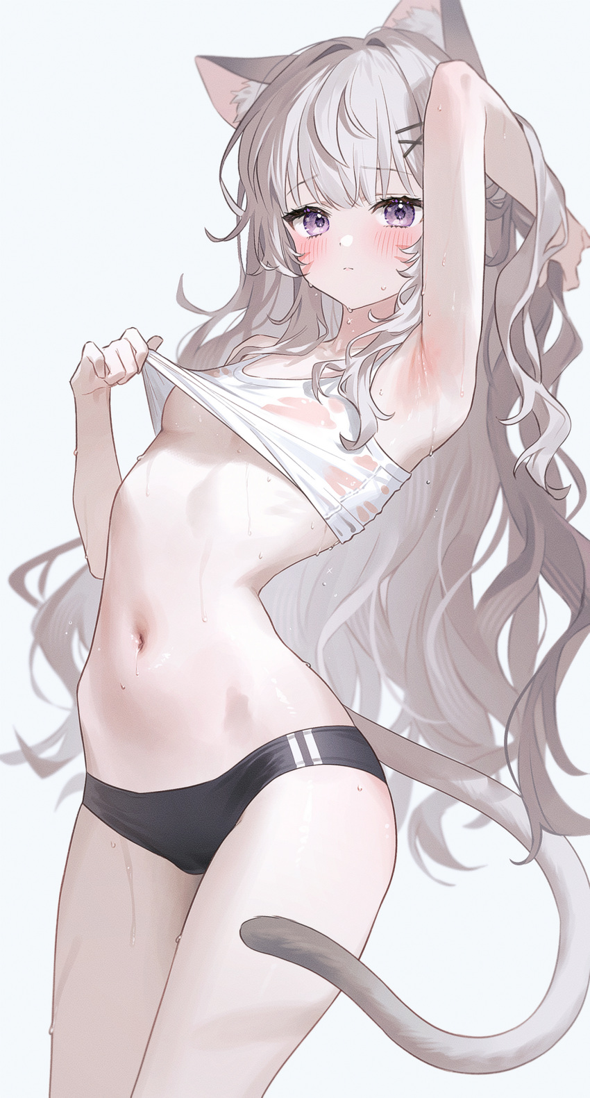 absurdres animal_ear_fluff animal_ears arm_up armpits arms_behind_head black_buruma blush breasts buruma cat_ears cat_girl cat_tail clothes_lift commentary_request female fymrie grey_hair hair_ornament highres lifting_own_clothes long_hair looking_at_viewer navel no_bra open_mouth original purple_eyes resia_(emonmong) shirt_lift simple_background small_breasts solo sweatdrop sweaty_armpits tail tank_top thighs underboob very_long_hair white_background white_tank_top x_hair_ornament