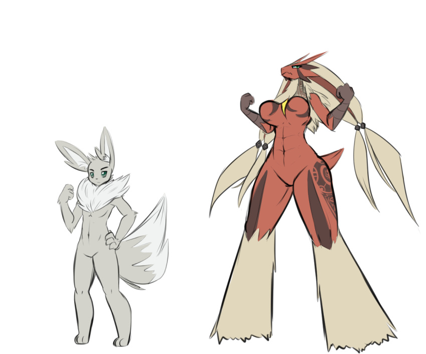 2019 abs anterior_nasal_aperture anthro black_nose blaziken breasts digital_media_(artwork) duo eevee eyebrows featureless_breasts featureless_crotch female fist fluffy fluffy_tail fur generation_1_pokemon generation_3_pokemon grey_body hair hand_on_hip latiar male mouth_closed nintendo nude paws phyra_(latiar) pokemon pokemon_(species) red_body simple_background standing tail white_background white_sclera