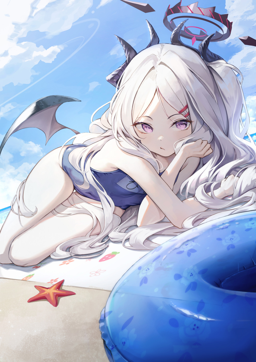 :t absurdres beach beach_mat black_halo black_wings blue_archive blue_innertube blue_one-piece_swimsuit blue_sky blush closed_mouth cloud cloudy_sky commentary dampi demon_girl demon_horns demon_wings female grey_hair hair_intakes hair_ornament halo highres hina_(blue_archive) hina_(swimsuit)_(blue_archive) horns long_hair looking_at_viewer low_wings lying official_alternate_costume on_side one-piece_swimsuit outdoors sky solo starfish swimsuit thighhighs very_long_hair white_thighhighs wings