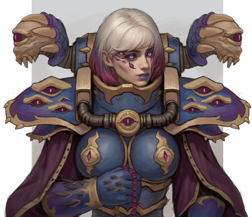 adepta_sororitas armor beads blue_armor blue_eyes blue_gloves blue_lips boobplate breasts colored_sclera extra_eyes eye_symbol female gloves gold_trim gradient_hair grey_background highres holding multicolored_hair parted_lips power_armor prayer_beads purple_hair purple_sclera short_hair solo spiked_armor spiked_gloves upper_body warhammer_40k white_hair yangzheyy