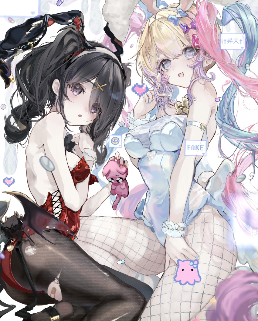 2girls :d :o absurdres ame-chan_(needy_girl_overdose) animal_ears black_bow black_bowtie black_eyes black_hair black_pantyhose blonde_hair blue_bow blue_eyes blue_hair blue_leotard blue_nails bow bowtie breasts chouzetsusaikawa_tenshi-chan detached_collar dual_persona fake_animal_ears fake_tail fishnet_pantyhose fishnets hairband hairbow highres leotard long_hair medium_breasts multicolored_hair multiple_girls multiple_hair_bows nail_polish needy_girl_overdose oerba_yun_fang pantyhose pien_cat_(needy_girl_overdose) pink_bow pink_hair playboy_bunny purple_bow purple_hair quad_tails rabbit_ears rabbit_tail red_leotard red_nails skin_fang smile tail toqha3247 twintails very_long_hair white_hairband wrist_cuffs yellow_bow yellow_bowtie