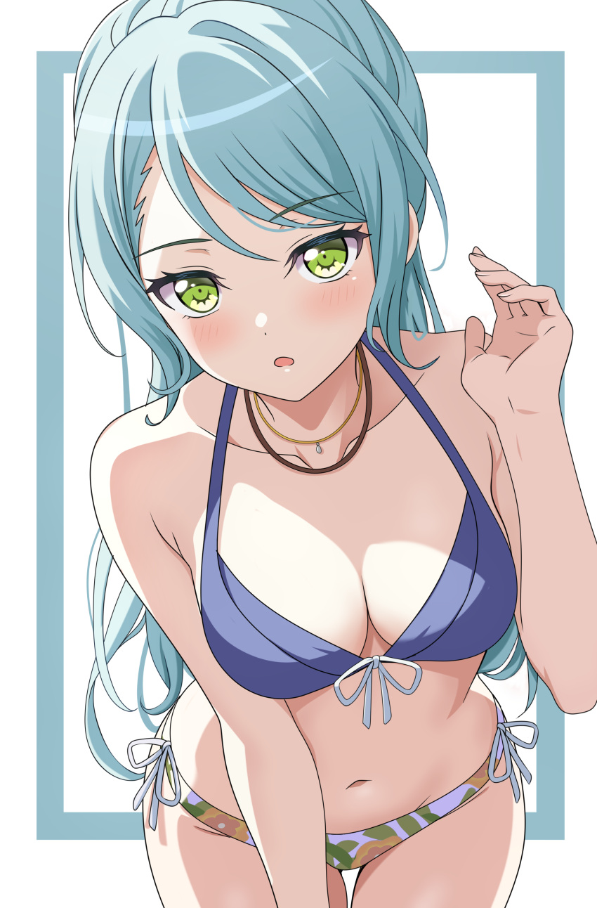 absurdres aqua_hair bang_dream! bikini blue_border blush border breasts cleavage collarbone commentary cowboy_shot english_commentary female fries_vanquisher green_eyes halterneck hand_up highres hikawa_sayo inset_border long_hair looking_at_viewer medium_breasts navel open_mouth side-tie_bikini_bottom solo stomach swimsuit white_background