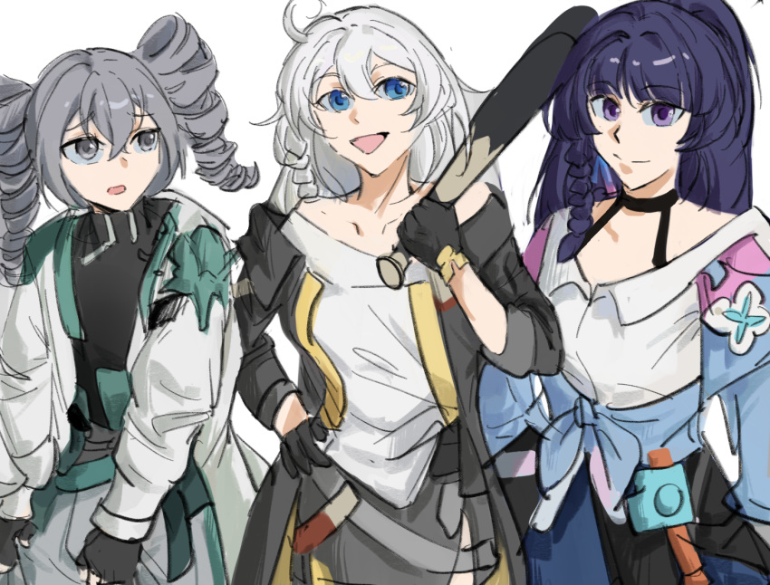 3girls :d ahoge bare_shoulders black_choker black_jacket black_shirt blue_eyes blue_jacket bra_strap bronya_zaychik choker coat cosplay dan_heng_(honkai:_star_rail) dan_heng_(honkai:_star_rail)_(cosplay) drill_hair grey_eyes grey_hair honkai:_star_rail honkai_(series) honkai_impact_3rd jacket kiana_kaslana long_hair long_sleeves march_7th_(honkai:_star_rail) march_7th_(honkai:_star_rail)_(cosplay) march_7th_(preservation)_(honkai:_star_rail) mingzhibuke multiple_girls off-shoulder_shirt off_shoulder open_clothes open_coat open_jacket open_mouth purple_eyes purple_hair raiden_mei shirt simple_background smile stelle_(honkai:_star_rail) stelle_(honkai:_star_rail)_(cosplay) trailblazer_(honkai:_star_rail) twin_drills twintails white_background white_coat white_hair white_shirt