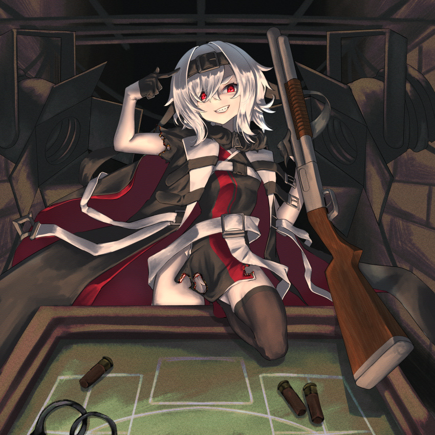 absurdres azur_lane belt black_coat black_dress black_gloves black_hairband bon_homme_richard_(azur_lane) breasts buckshot_roulette burnt_clothes coat commission dress evil_grin evil_smile female finger_gun finger_gun_to_head fur-trimmed_coat fur_trim gloves grin groin gun hair_between_eyes hairband hand_up highres holding holding_gun holding_weapon kuromu looking_at_viewer medium_hair no_panties on_one_knee open_clothes open_coat pale_skin pixiv_commission red_eyes short_sleeves shotgun shotgun_shell small_breasts smile solo stage_lights standing standing_on_one_leg thighhighs thighs weapon white_belt white_hair