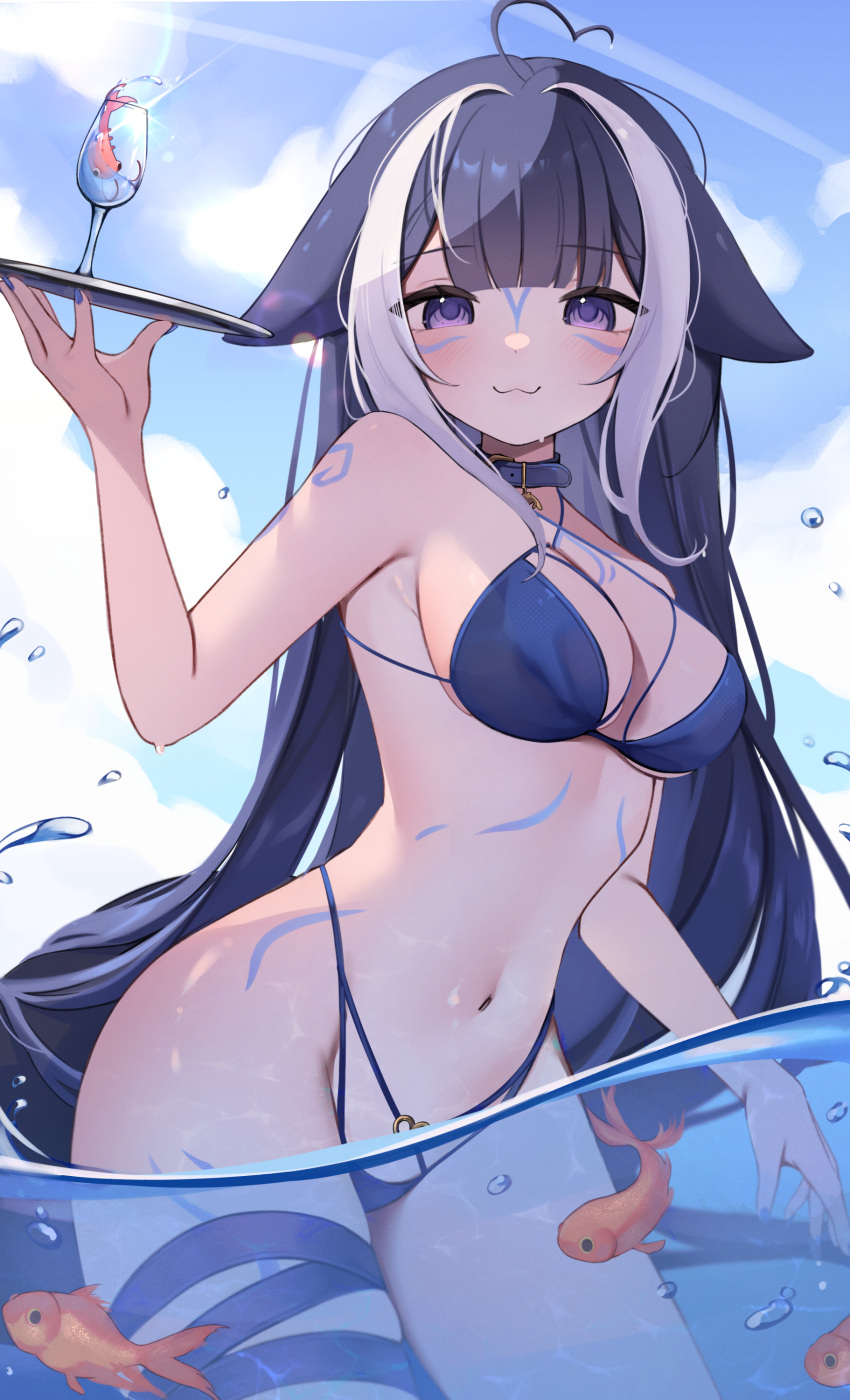 :3 absurdres ahoge animal_ears belt_collar bikini black_hair blue_bikini blue_collar blue_sky body_markings breasts cetacean_tail cleavage cloud collar facial_mark female fins fish fish_tail grey_hair halterneck heart heart_ahoge highres hiroside holding holding_plate indie_virtual_youtuber large_breasts long_hair looking_at_viewer multicolored_hair navel orca_girl plate purple_eyes shrimp shylily shylily_(bikini) sidelocks sky smile solo streaked_hair swimsuit tail very_long_hair virtual_youtuber wading water