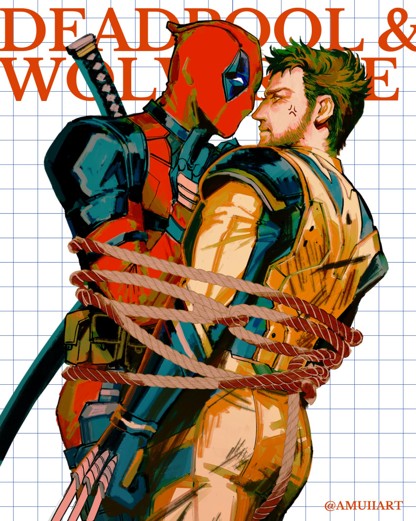 2boys absurdres amuii anger_vein ass back beard belt blue_gloves bodysuit bound bound_together brown_hair claw_(weapon) clenched_hand closed_mouth deadpool deadpool_&_wolverine deadpool_(series) english_commentary facial_hair gloves hands_up highres katana looking_at_another male_focus marvel marvel_cinematic_universe mask multicolored_clothes multiple_boys muscular muscular_male red_bodysuit red_mask superhero_costume sword sword_on_back tied_up_(nonsexual) twitter_username two-tone_bodysuit utility_belt weapon weapon_on_back wolverine_(x-men) x-men yaoi yellow_bodysuit