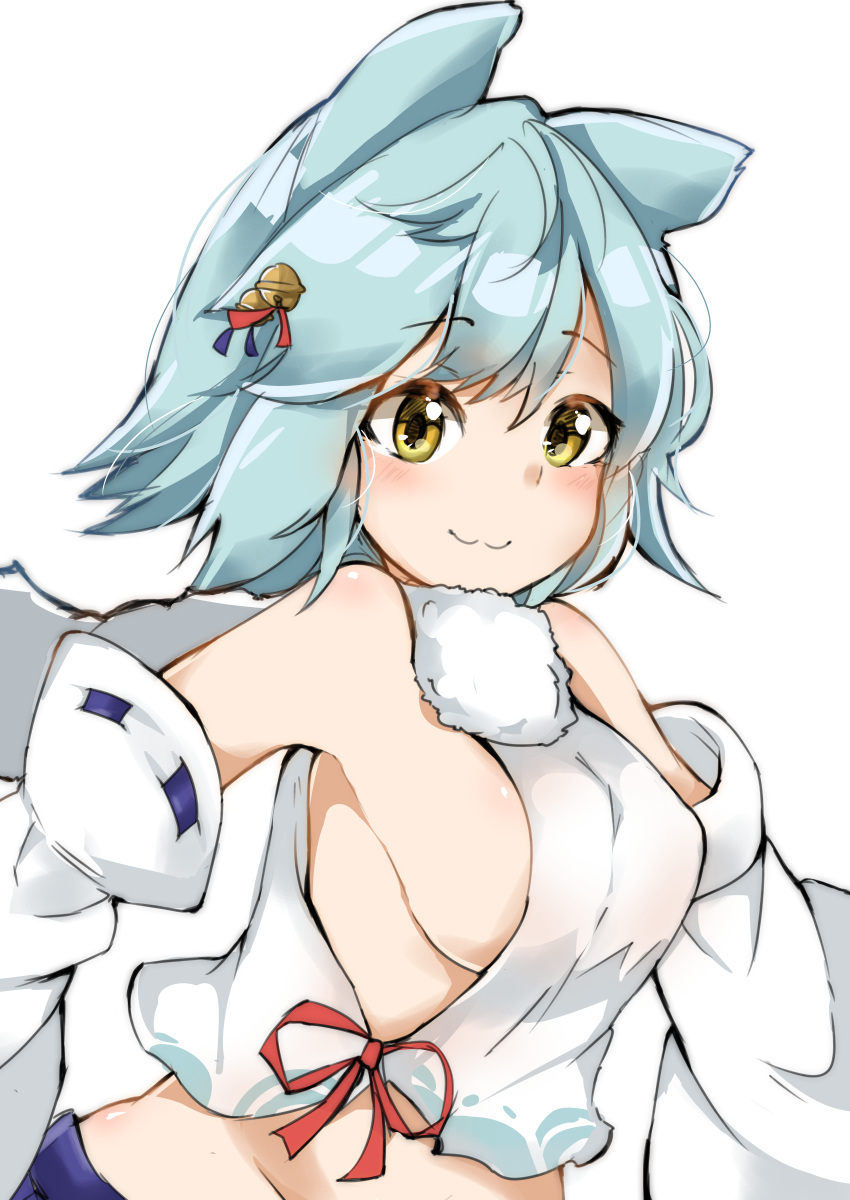 :3 absurdres animal_ears azur_lane bell blush breasts closed_mouth commentary_request crop_top detached_sleeves female fox_ears fubuki_(azur_lane) hair_bell hair_ornament highres houkai_(collapse_illust) jingle_bell large_breasts looking_at_viewer red_ribbon ribbon ribbon-trimmed_sleeves ribbon_trim shirt short_hair sideboob simple_background sleeveless sleeveless_shirt smile solo upper_body white_background white_shirt wide_sleeves yellow_eyes