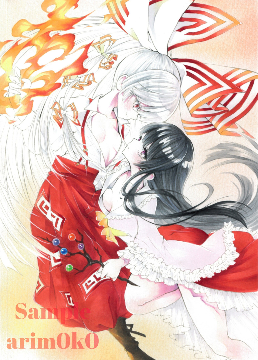 2girls absurdres arim0k0 artist_name ass black_hair bow branch breasts cleavage commentary fire frilled_shirt frills fujiwara_no_mokou grey_hair hairbow highres houraisan_kaguya jeweled_branch_of_hourai long_hair long_sleeves looking_at_another multiple_girls ofuda ofuda_on_clothes orange_background pants ponytail pyrokinesis red_eyes red_pants red_skirt sample_watermark shirt skirt suspenders touhou traditional_media very_long_hair watermark white_shirt wide_sleeves