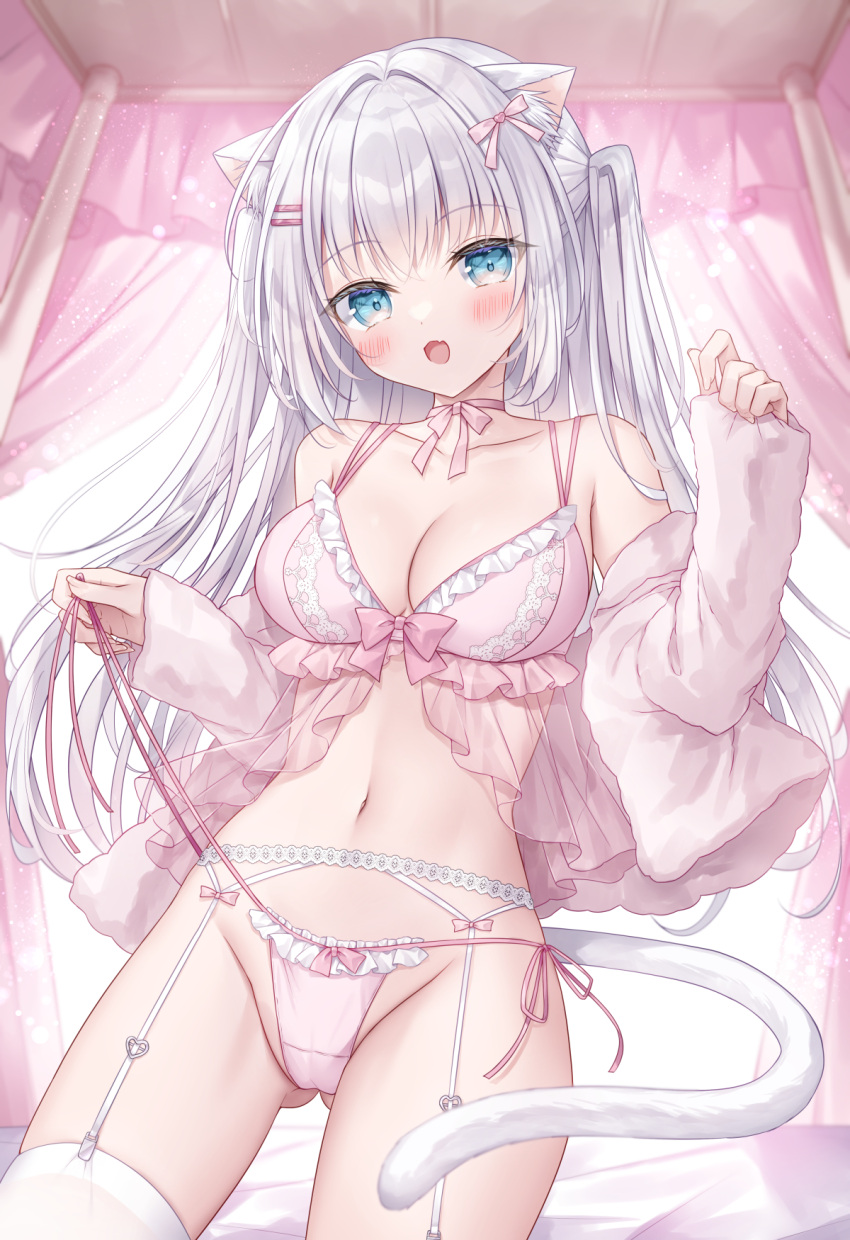 :d animal_ears ass_visible_through_thighs babydoll bare_shoulders blue_eyes blush bow bow_panties breasts cat_ears cat_girl cat_tail cleavage collarbone commentary_request commission curtains day female garter_belt grey_hair grey_jacket groin hair_ornament hairbow hairclip hand_up highres indoors jacket kohinata_hoshimi long_hair long_sleeves looking_at_viewer medium_breasts off_shoulder open_clothes open_jacket original panties pinching_sleeves pink_bow pink_panties pixiv_commission side-tie_panties sleeves_past_wrists smile solo sunlight tail thighhighs two_side_up underwear untied_panties very_long_hair white_thighhighs