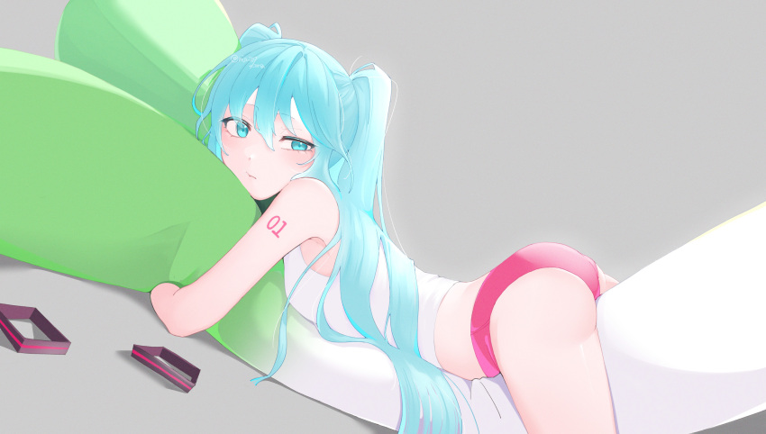 :t absurdres aqua_eyes aqua_hair arm_tattoo bare_shoulders body_pillow breasts closed_mouth feet_out_of_frame female grey_background hair_ornament half-closed_eye hatsune_miku highres hugging_object long_hair looking_at_viewer midriff nisui57 panties pillow pillow_hug pink_panties shirt sleeveless sleeveless_shirt small_breasts solo tattoo twintails underwear unworn_hair_ornament very_long_hair vocaloid white_shirt