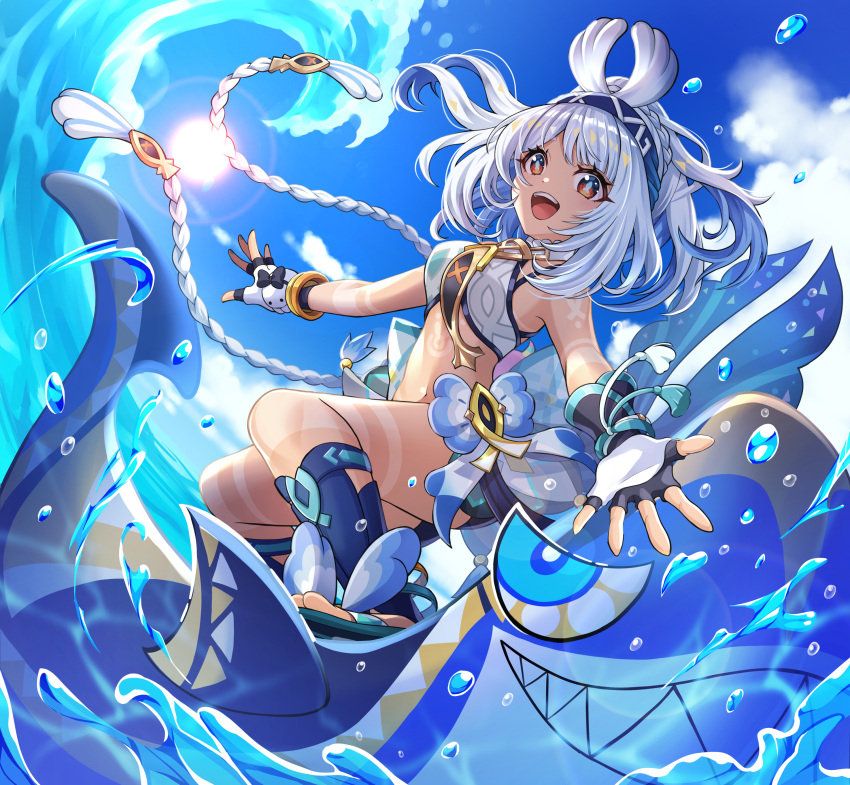 :d absurdres ankoro bare_shoulders blue_hair blue_hairband blue_headband body_markings braid breasts crop_top female fingerless_gloves fish-shaped_pupils genshin_impact gloves hairband headband highres light_blue_hair long_hair looking_at_viewer low_twin_braids midriff mualani_(genshin_impact) navel open_mouth red_eyes shark smile solo surfing symbol-shaped_pupils tan twin_braids white_hair