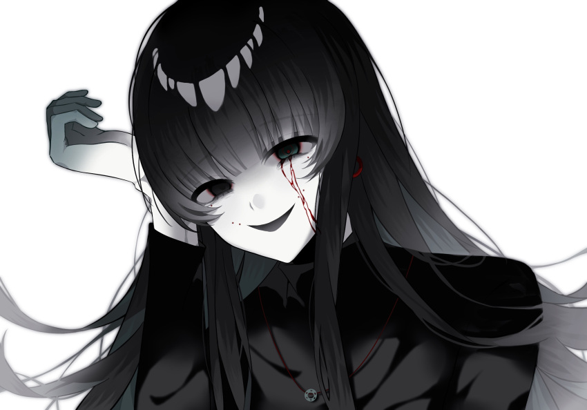 ame_(ley13) black_eyes black_hair black_sleeves blood blood_from_eyes blunt_bangs colored_extremities colored_skin earrings female green_eyes hand_on_own_head head_tilt heterochromia highres hime_cut jewelry long_hair long_sleeves naihe_(female)_(touqi_guaitan) necklace open_mouth red_pupils sidelocks simple_background smile solo touqi_guaitan white_background white_skin