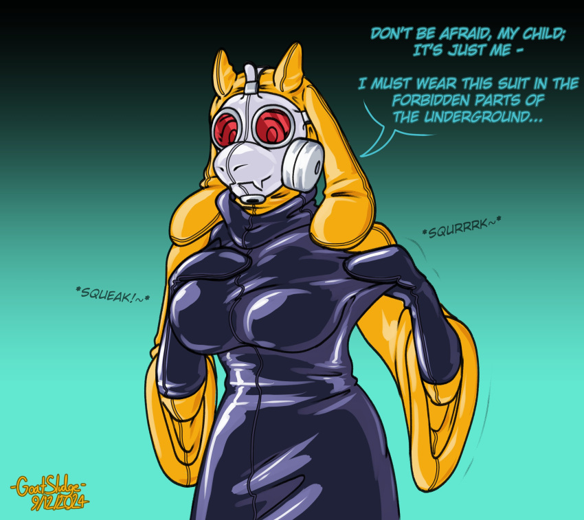 2024 absurd_res anthro boss_monster_(undertale) bovid breasts caprine clothing dialogue female gas_mask goat goatsludge hazmat_suit hi_res latex latex_clothing latex_skinsuit looking_at_viewer mammal mask onomatopoeia skinsuit solo sound_effects text tight_clothing toriel undertale_(series)