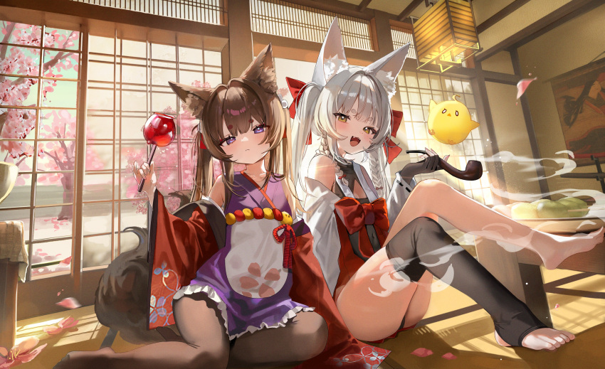 2girls absurdres amagi-chan_(azur_lane) animal_ear_fluff animal_ears asanagi_(azur_lane) azur_lane brown_tail eyeshadow food fox_ears fox_girl fox_tail highres hikimayu holding holding_food holding_smoking_pipe japanese_clothes kimono kitsune kyuubi long_hair makeup manjuu_(azur_lane) multiple_girls multiple_tails red_kimono riko_(rik0ring) rope shimenawa short_eyebrows single_thighhigh sitting smoke smoking_pipe stirrup_legwear tail thick_eyebrows thighhighs toeless_legwear twintails white_eyelashes