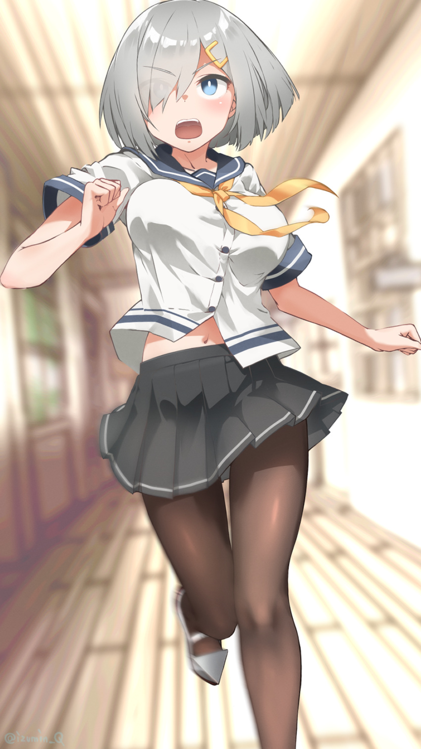 blue_eyes blurry blurry_background blush breasts brown_pantyhose commentary_request female grey_hair grey_skirt hair_ornament hair_over_one_eye hairclip hallway hamakaze_(kancolle) highres indoors izumikuma kantai_collection large_breasts neckerchief open_mouth pantyhose pleated_skirt running sailor_collar school_uniform serafuku shoes short_hair short_sleeves skirt solo yellow_neckerchief