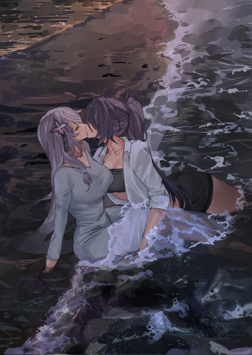 2girls absurdres acheron_(honkai:_star_rail) beach black_shorts black_swan_(honkai:_star_rail) black_tube_top breasts closed_eyes collared_shirt dress grey_dress hair_ornament hairpin high_ponytail highres honkai:_star_rail honkai_(series) in_water kissing korean_commentary long_hair lying multiple_girls ocean pink_hair profile purple_hair sc_cex shirt shorts sitting strapless tube_top water waves wet wet_clothes white_shirt yuri