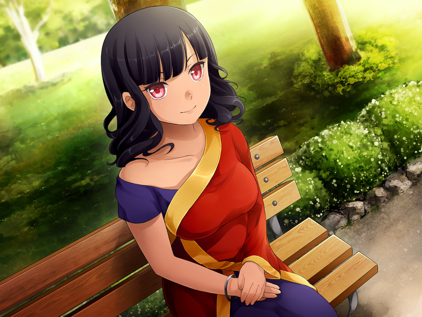 bangle bare_shoulders beli_lapran bench black_hair bracelet breasts dark-skinned_female dark_skin dutch_angle female game_cg highres hunie_(series) huniepop indian_clothes jewelry large_breasts long_hair looking_at_viewer ninamo non-web_source park_bench pink_eyes sari sitting smile solo