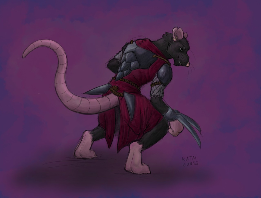 anthro armor assassin biped black_body black_fur claw_(weapon) clothed clothing ear_piercing fully_clothed fur hand_of_fate katai male mammal melee_weapon murid murine piercing pink_body pink_skin purple_background rat rat_king rodent rope simple_background smile solo standing weapon whiskers