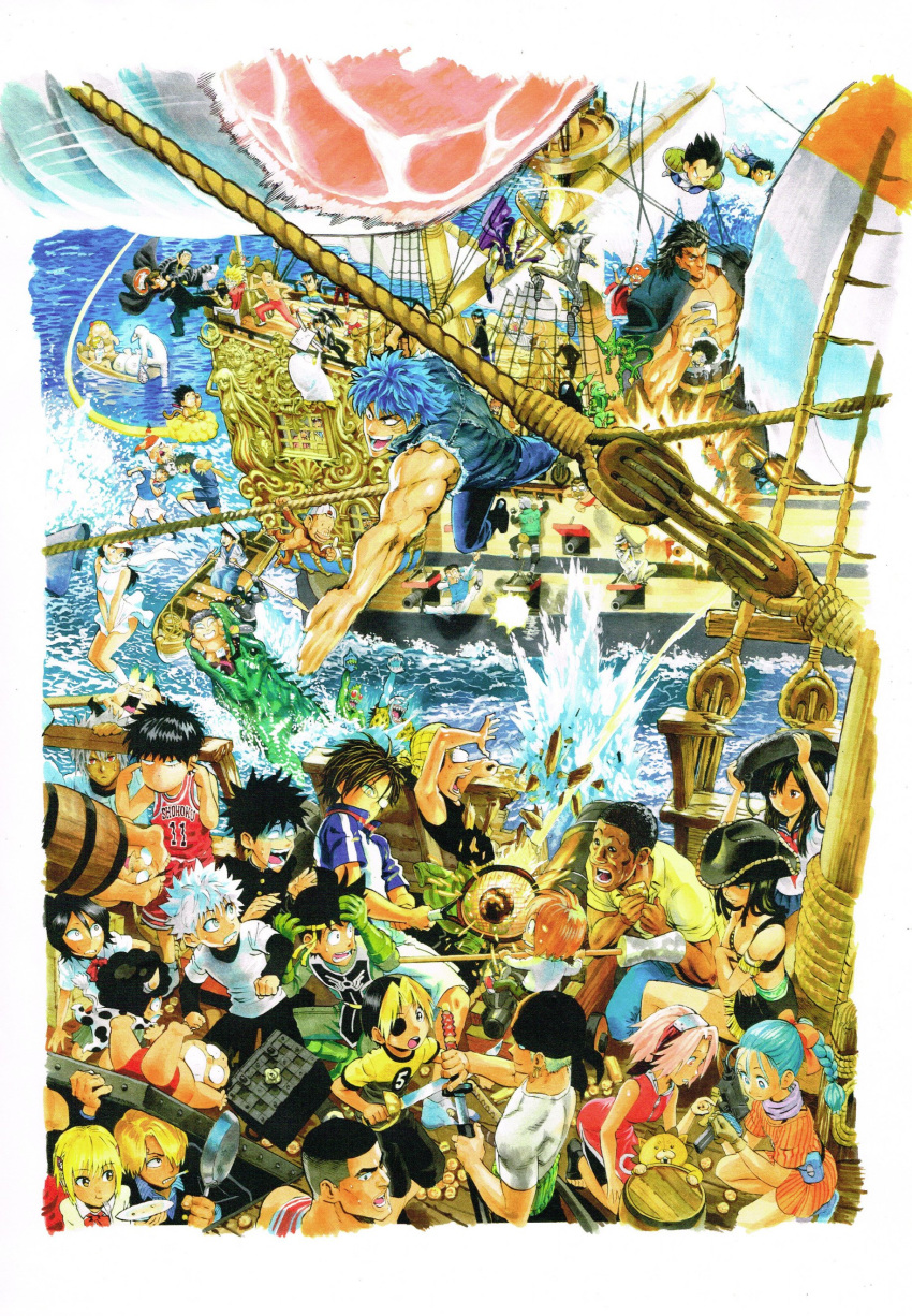 6+boys 6+girls abs absurdres akagi_takenori annotation_request annoyed aqua_hair arlong ball barrel basketball_uniform black_cat_(series) black_hair bleach blonde_hair blue_hair boat braid breasts buggy_the_clown bulma_briefs cannon captain_tsubasa cell_(dragon_ball) character_request cigarette clenched_teeth commentary_request company_connection copyright_request crossed_arms crossover curly_eyebrows d.gray-man dark-skinned_male dark_skin dougi dr._mashirito dr._slump dragon_ball dragon_ball_(classic) dragon_ball_z dragon_quest dragon_quest_dai_no_daibouken elizabeth_(gintama) eyeshield_21 fighting fighting_stance flying flying_nimbus forehead_protector fork formal frying_pan gakuran gintama hair_ornament hairclip hammer_(pyuu_to_fuku!_jaguar) hat hatake_kakashi highres hikaru_no_go hiruma_youichi hunter_x_hunter hyuuga_kojirou ichigo_100_percent imperfect_cell kanda_yuu katekyo_hitman_reborn! katsuragi_yako kazamatsuri_shou kido_saori killua_zoldyck kinnikuman kon_(bleach) kuchiki_rukia lambo majin_tantei_nougami_neuro medium_breasts meruem momochi_zabuza money_bag monkey monkey_tail multicolored_hair multiple_boys multiple_crossover multiple_girls murata_yuusuke naruto naruto_(series) nico_robin one_piece open_clothes open_mouth open_shirt oyamada_manta paddle painting_(medium) pandaman partially_annotated pink_hair pirate_ship plate plugging_ears pop_(dragon_quest_dai_no_daibouken) pyuu_to_fuku!_jaguar racket ramenman roronoa_zoro rukawa_kaede rurouni_kenshin saint_seiya sakura_haruno sanji_(one_piece) school_uniform serafuku shaman_king shindou_hikaru ship shishio_makoto short_hair shoulder_pads shounen_jump single_braid skirt skirt_tug slam_dunk_(series) soccer_ball solid_circle_eyes son_goku sportswear suit surprised sven_vollfied sweatdrop sword tail teeth tennis_no_ouji-sama tennis_racket tennis_uniform tezuka_kunimitsu toriko toriko_(series) toujou_aya traditional_media two-tone_hair usopp vegeta warsman watercolor_(medium) watercraft weapon whistle! white_hair white_hat white_suit