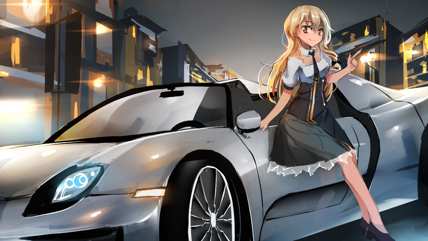 adapted_costume alternate_costume backlighting black_footwear black_skirt blonde_hair bow braid building car city commentary female finger_gun grey_background hairbow highres kietai_na kirisame_marisa lamppost legs long_hair looking_down looking_to_the_side md5_mismatch motor_vehicle necktie night no_headwear no_legwear photoshop_(medium) pointing porsche porsche_918 puffy_short_sleeves puffy_sleeves see-through_silhouette shirt shoes short_sleeves single_braid skirt smile solo sports_car thighs touhou vehicle_focus vest white_shirt