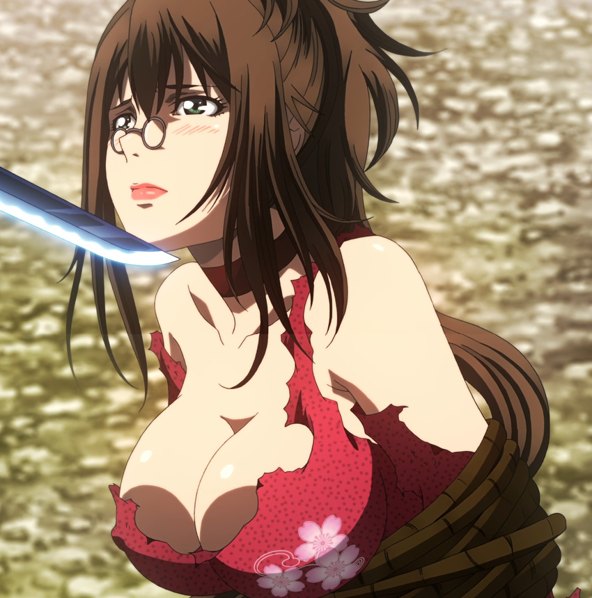 blush breasts brown_hair cleavage female female fuuun_ishin_dai_shogun glasses green_eyes hattori_kiriko highres large_breasts lips lipstick long_hair makeup pink_lipstick restrained rope screencap solo stitched sword topless torn_clothes very_long_hair weapon