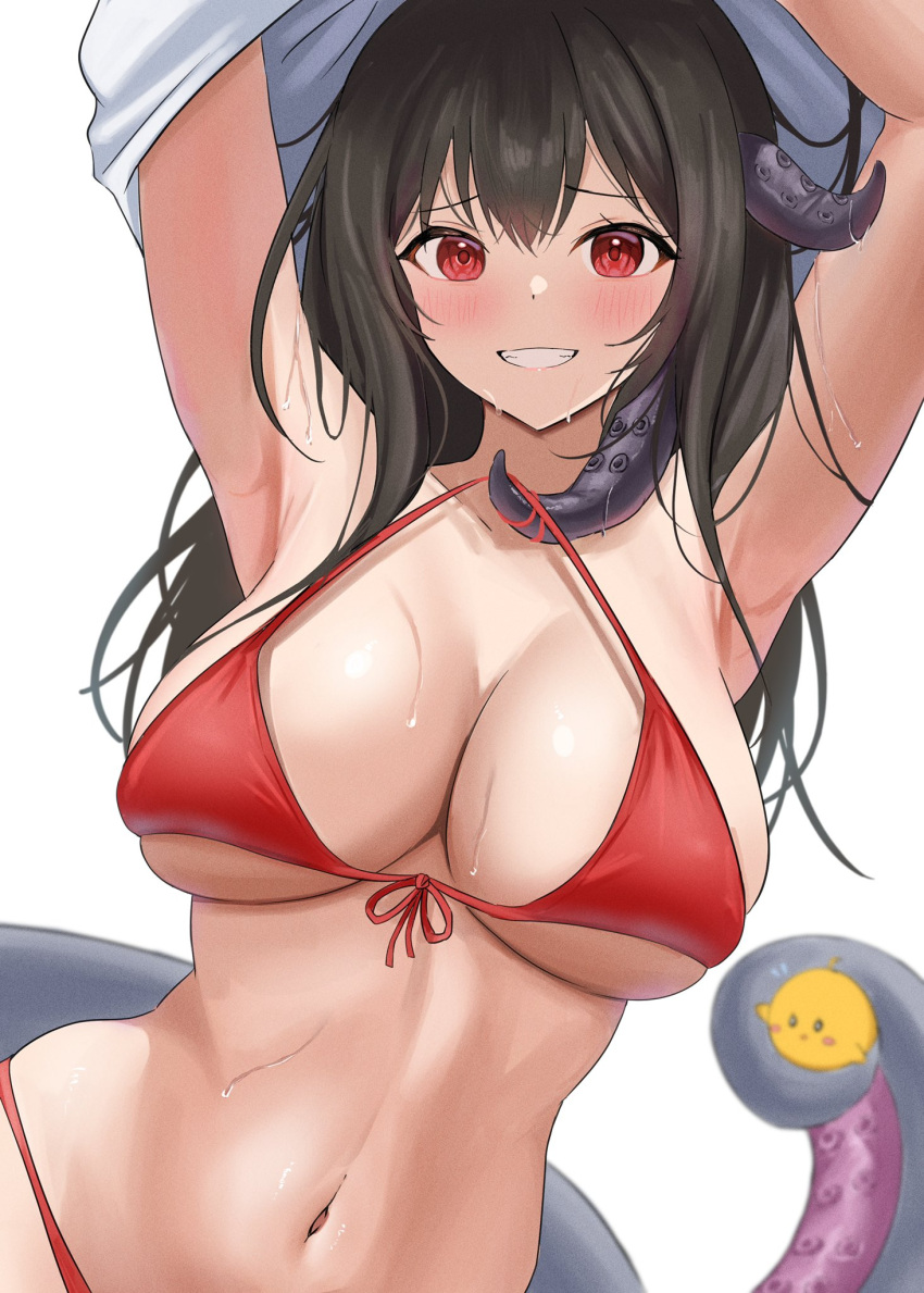 armpits arms_up azur_lane bikini black_hair blush breasts female highres large_breasts looking_at_viewer manjuu_(azur_lane) medium_hair navel official_alternate_costume open_mouth red_bikini red_eyes royal_fortune_(azur_lane) royal_fortune_(eyes_on_the_prize)_(azur_lane) shirt simple_background smile soul_(dp11) stomach swimsuit tentacle tentacle_hair wet white_background white_shirt