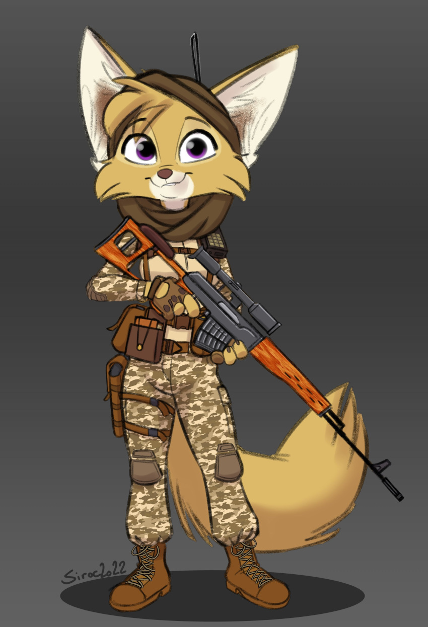 2022 absurd_res anthro boots camo camo_print canid canine clothing dragunov dragunov_svd eyebrows eyelashes female fennec_fox fingerless_gloves footwear fox fur gloves gun handwear hi_res holster inner_ear_fluff knee_pads looking_at_viewer mammal purple_eyes ranged_weapon rifle scope siroc smile smiling_at_viewer sniper_rifle solo svd tan_body tan_fur true_fox tuft weapon white_body white_fur