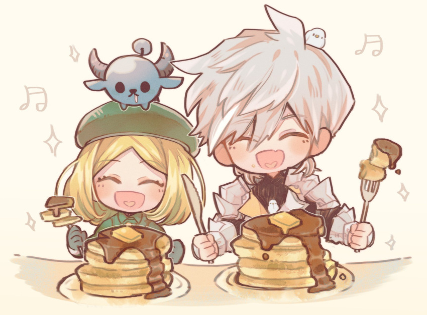 1boy animal_on_head babe_(fate) beret bird blonde_hair dove drooling fate/grand_order fate_(series) female food fork gaito-san hat highres horns knife musical_note on_head pancake pancake_stack paul_bunyan_(fate) percival_(fate) sparkle syrup white_hair